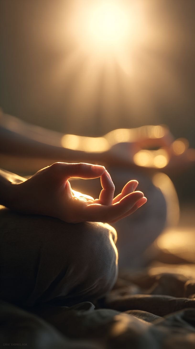 Primer plano de una mano en gesto de meditación con luz cálida.