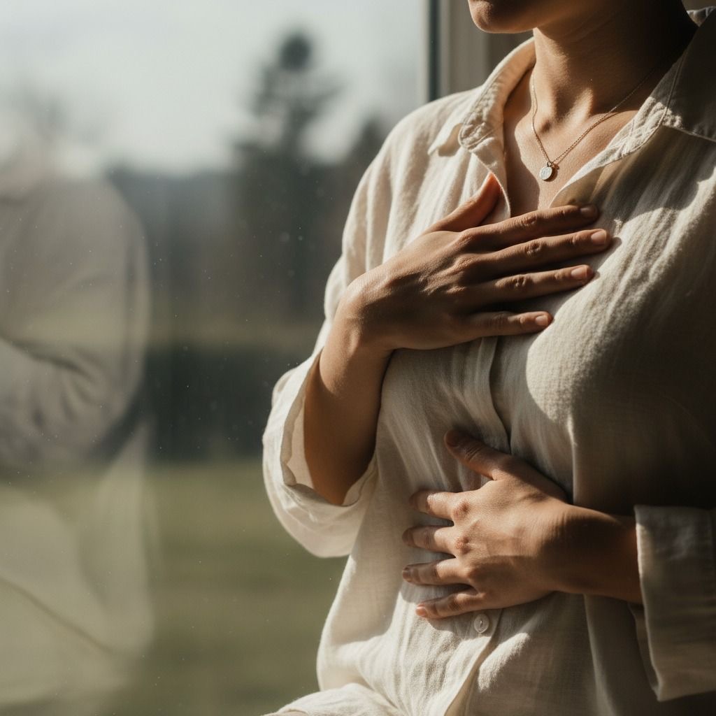 Persona practicando respiración consciente con las manos sobre el pecho y el abdomen.