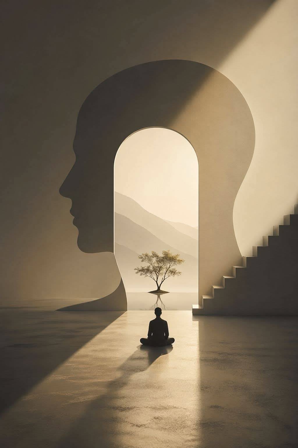 Figura meditando ante una silueta de la mente y un paisaje interior.