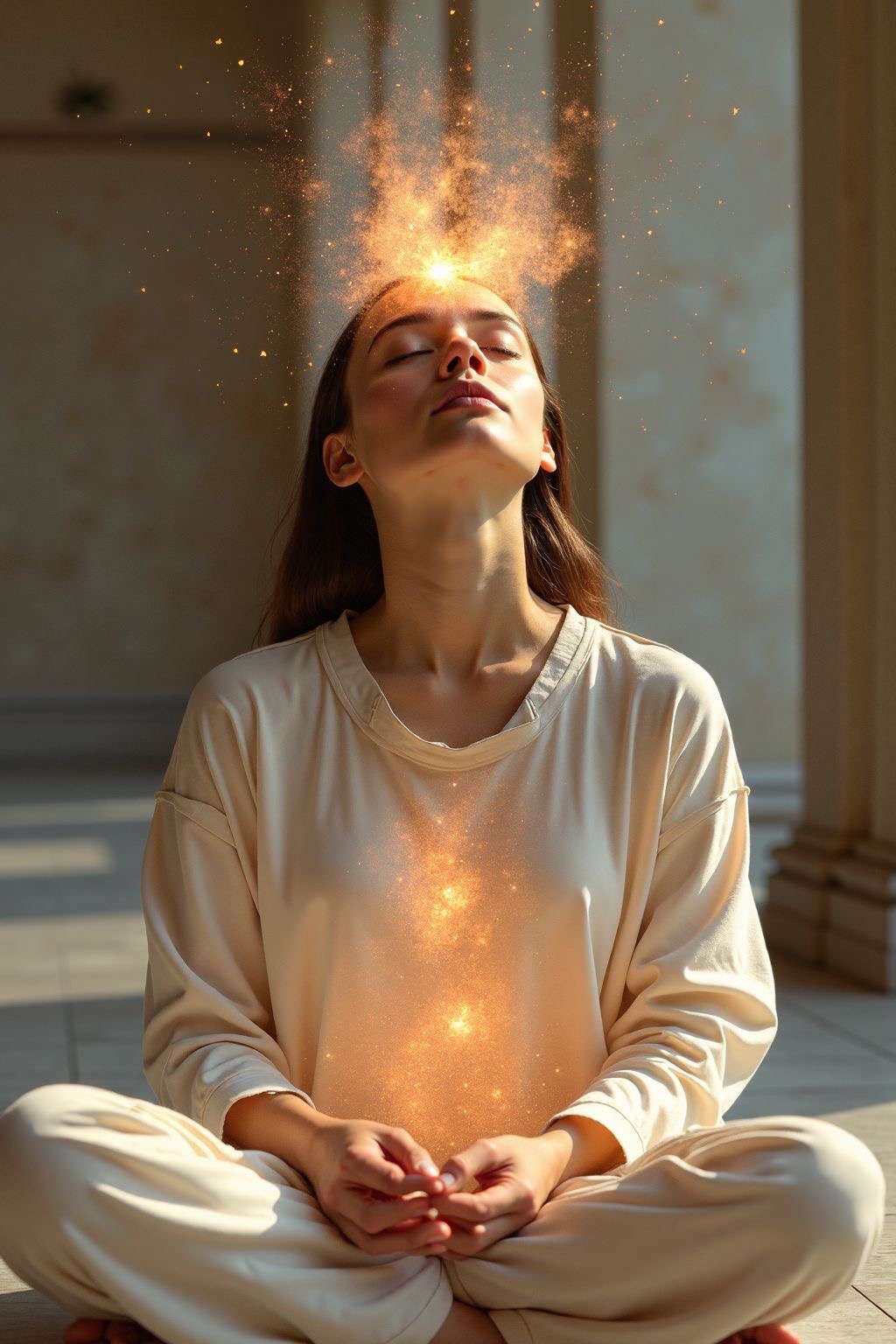 Ilustración de una mujer meditando con luz dorada como representación de la anatomía sutil.